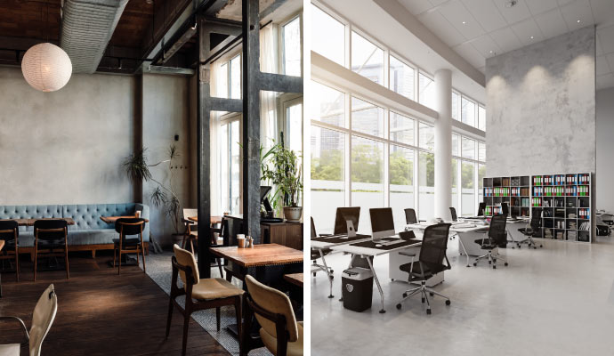 A collage showcasing restaurant and office interior