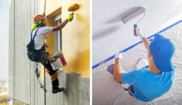 a collage showcasing professionals doing Interior and exterior commercial painting