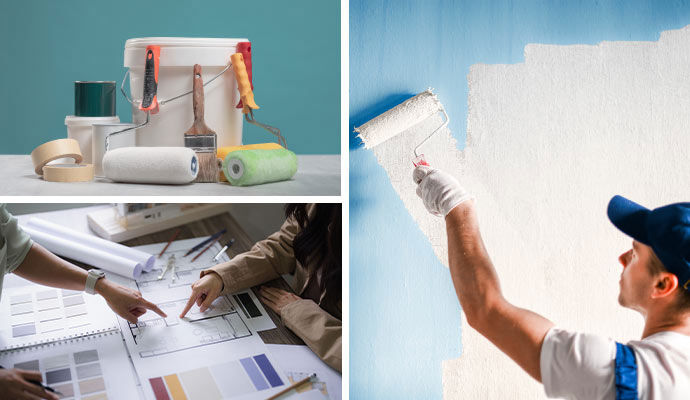 A collage of home painting supplies and workers painting wallss